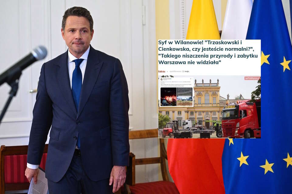 Rafał Trzaskowski podczas konferencji prasowej w Urzędzie m.st. Warszawy oraz artykuł portalu wPolityce.pl (screen) / autor: PAP/Radek Pietruszka/wPolityce (screen)