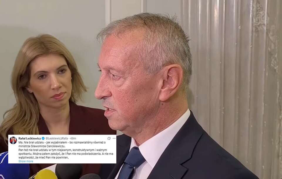 Rzecznik Siemoniaka dezinformuje ws. prof. Cenckiewicza. Leśkiewicz ripostuje: "Można zatem założyć, że i Pan nie ma poświadczenia". Na zdjęciu Jacek Dobrzyński i wpis Rafała Leśkiewicza (screen z X) / autor: Screenshot: YouTube/Janusz Jaskółka, X/Rafał Leśkiewicz (screen)