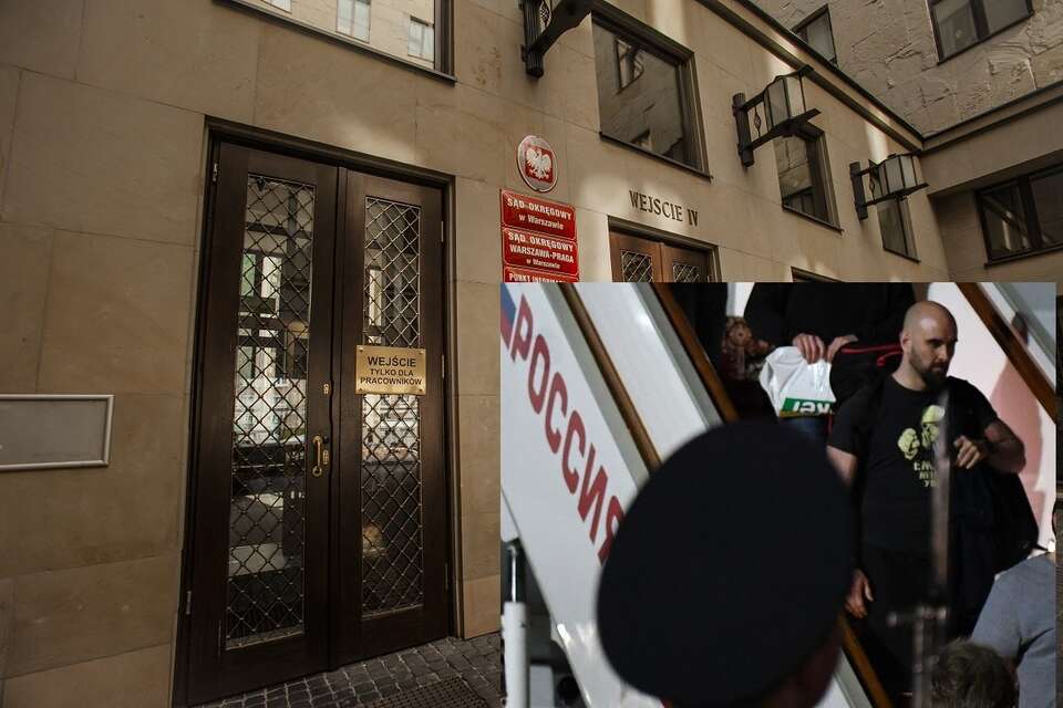 Sąd Okręgowy w Warszawie. Na mniejszej fotografii - Paweł Rubcow na moskiewskim lotnisku Wnukowo, gdzie w lipcu 2024 r. wylądował wraz z innymi więźniami z wymiany. Osobiście witał go rosyjski zbrodniarz wojenny Władimir Putin / autor: Fratria/Kremlin.ru, CC BY 4.0 <https://creativecommons.org/licenses/by/4.0>, via Wikimedia Commons