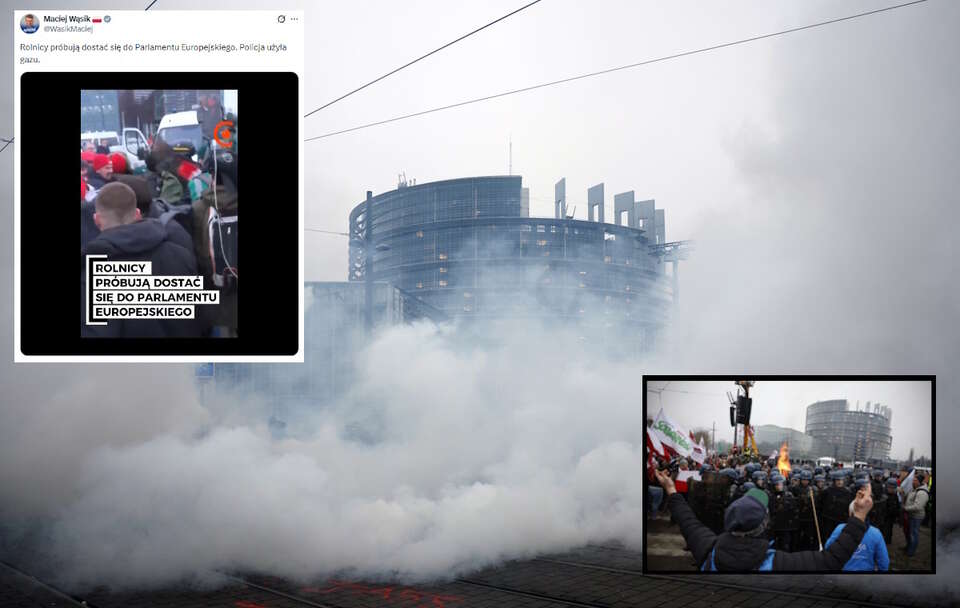 Dym z gazu łzawiącego unosi się w powietrzu wokół Parlamentu Europejskiego. Policja użyła go przeciwko protestującym rolnikom.  / autor: PAP/EPA/YOAN VALAT