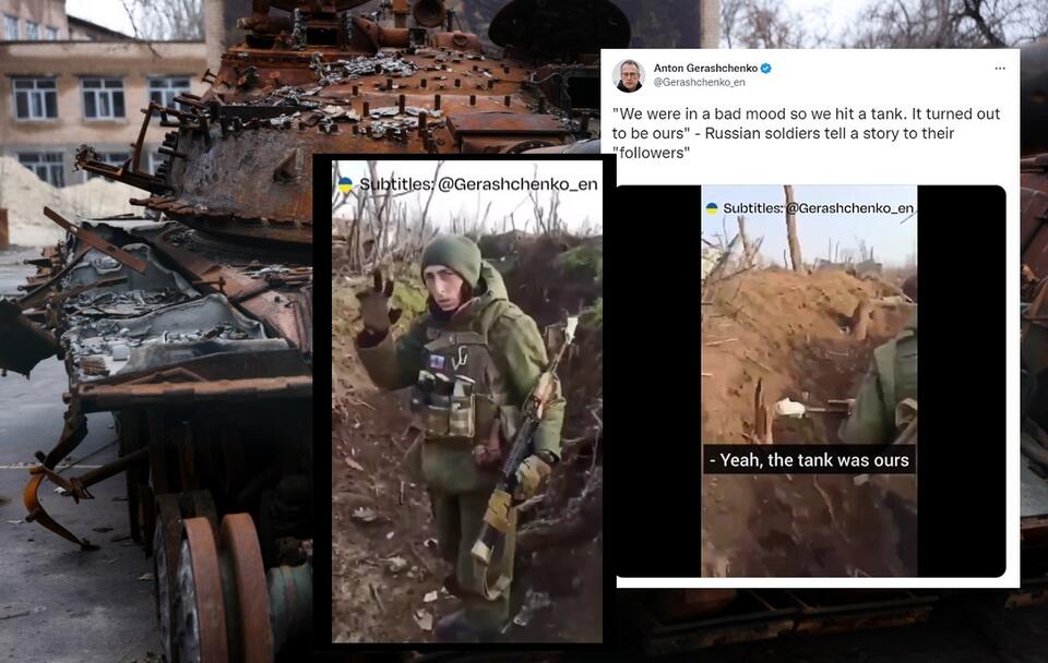 W tle zniszczony rosyjski czołg / autor: PAP/Leszek Szymański; Twitter/Anton Herashchenko