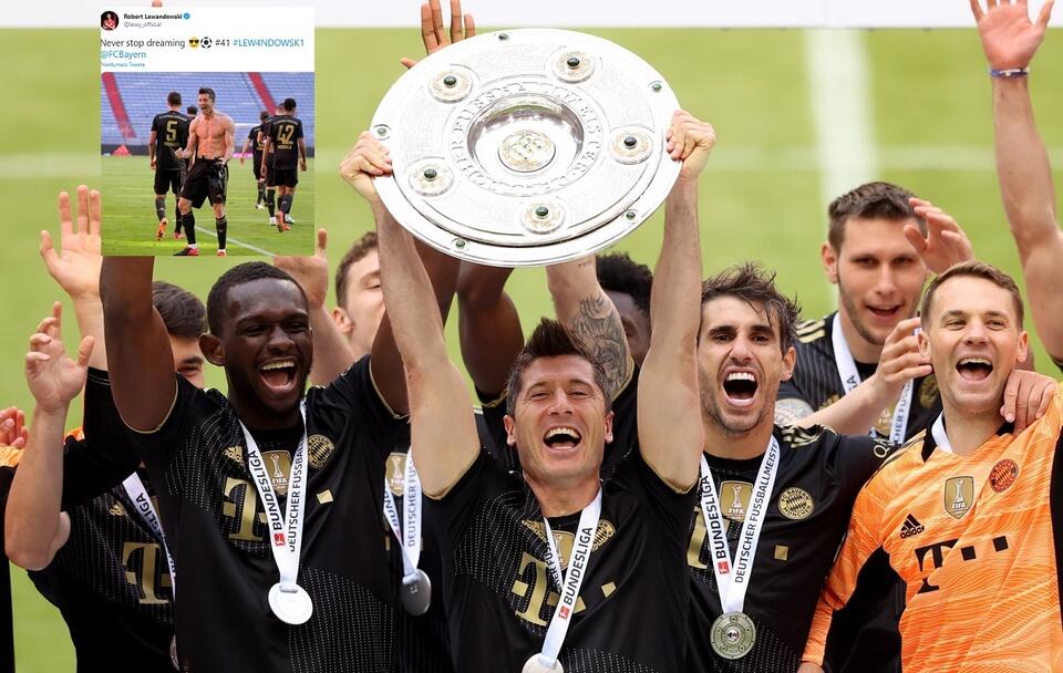 Robert Lewandowski wznosi trofeum za mistrzostwo Niemiec / autor: PAP/EPA/Alexander Hassenstein / POOL/Twitter