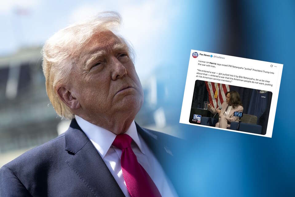 na zdjęciu prezydent USA Donald Trump, w miniaturze graficznej Kamala Harris w nagraniu / autor: PAP/EPA/GRAEME SLOAN / POOL, X/Fox News/CSPAN