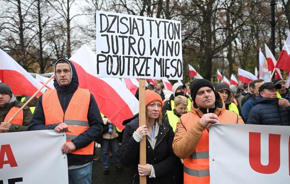  W Warszawie przed Kancelarią Prezesa Rady Ministrów zebrała się grupa ok. 600 osób,, głównie przedstawicieli plantatorów tytoniu.  / autor:  PAP/Marcin Obara