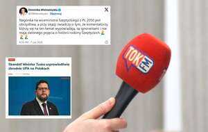 na zdj. głównym mikrofon z "kostką" TOK FM, w miniaturach wpis D.Wielowieyskiej w serwisie X i artykuł wPolityce.pl nt. słów A.Szeptyckiego o UPA / autor: Fratria/wPolityce.pl, X/@DWielowieyska