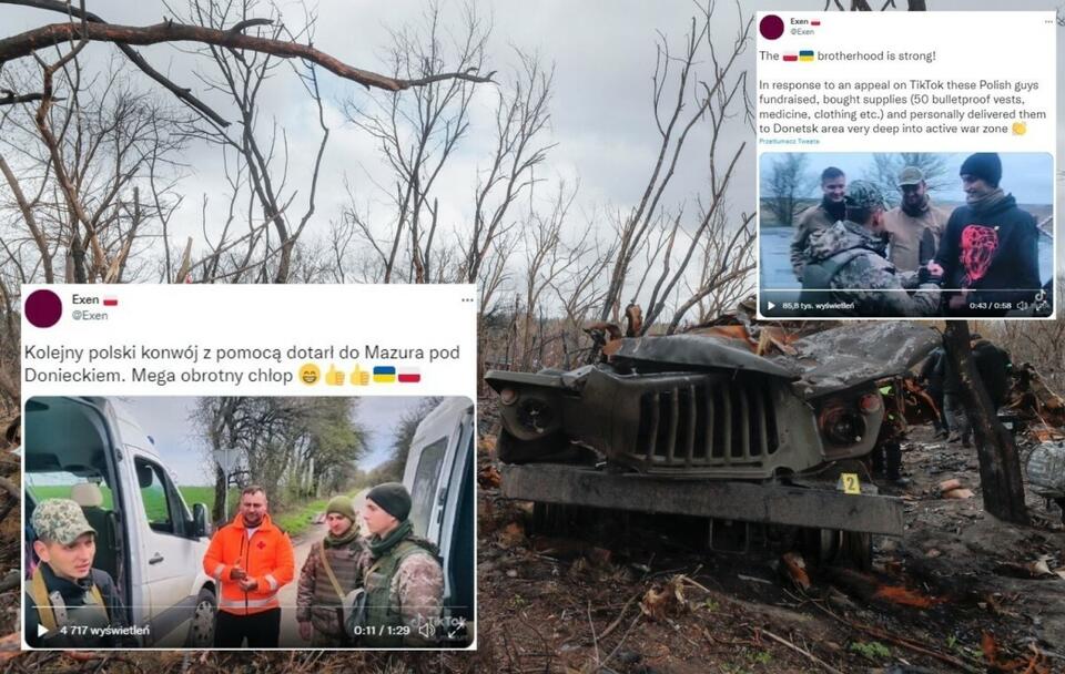 w tle zdjęcie ilustracyjne zniszczonego rosyjskiego sprzętu; w miniaturze - słynny Mazur, ukraiński żołnierz / autor: PAP/EPA/SERGEY DOLZHENKO; Twitter (screeny)