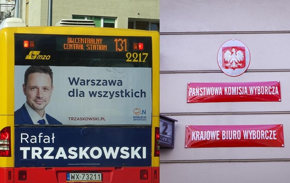 Autobus miejski z plakatem wyborczym R. Trzaskowskiego; Biuro PKW (zdjęcia ilustracyjne) / autor: Fratria