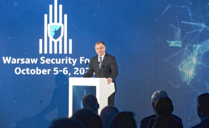 Prezydent Andrzej Duda podczas 8. edycji Warsaw Security Forum. / autor: PAP/Mateusz Marek