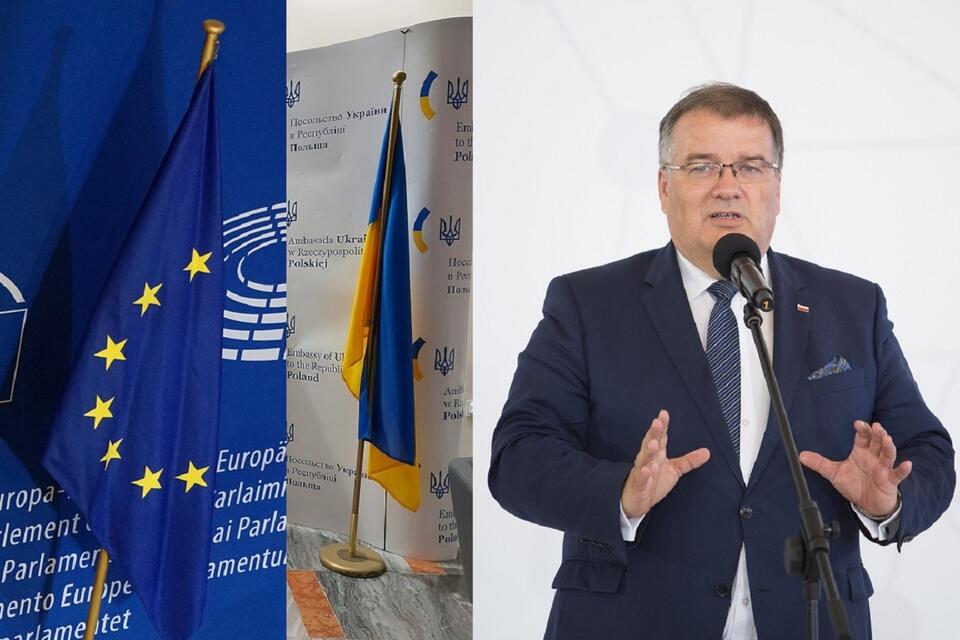 Flaga UE/Flaga Ukrainy/Prezydencki minister Andrzej Dera / autor: Fratria