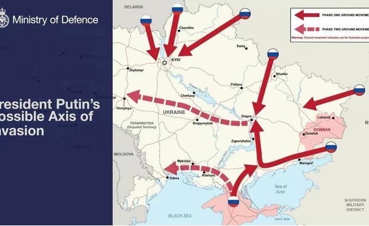 Mapa możliwej inwazji Rosji na Ukrainę  / autor: Twitter/Brytyjskie Ministerstwo Obrony