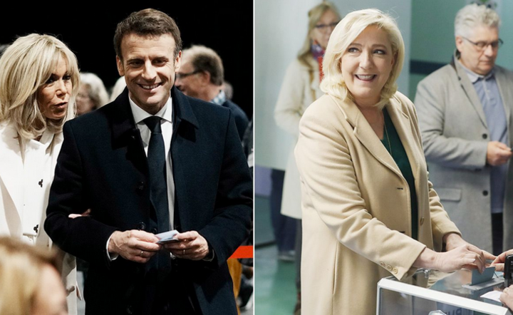 ubiegający się o reelekcję prezydent Emmanuel Macron z żoną i szefowa Zjednoczenia Narodowego Marine Le Pen / autor: tvp.info/Twitter