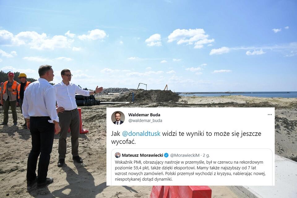 Prezydent Andrzej Duda oraz premier Mateusz Morawiecki podczas wizyty na terenie przekopu Mierzei Wiślanej / autor: PAP/Adam Warżawa; Twitter