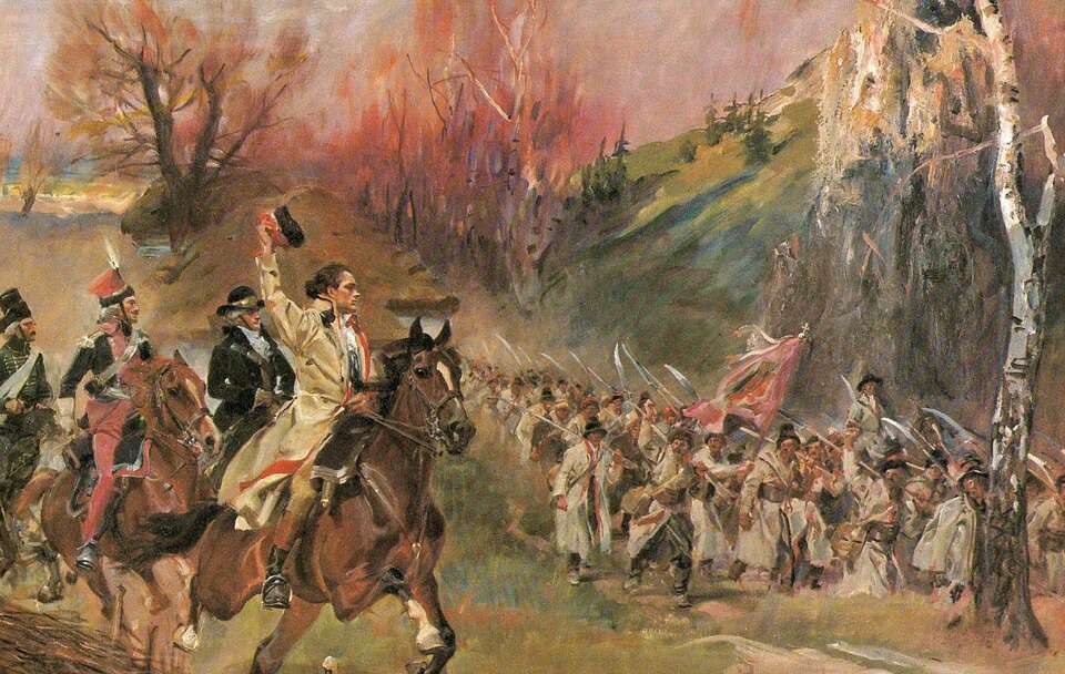 Wojciech Kossak, "Kościuszko z kosynierami" / autor: Domena publiczna