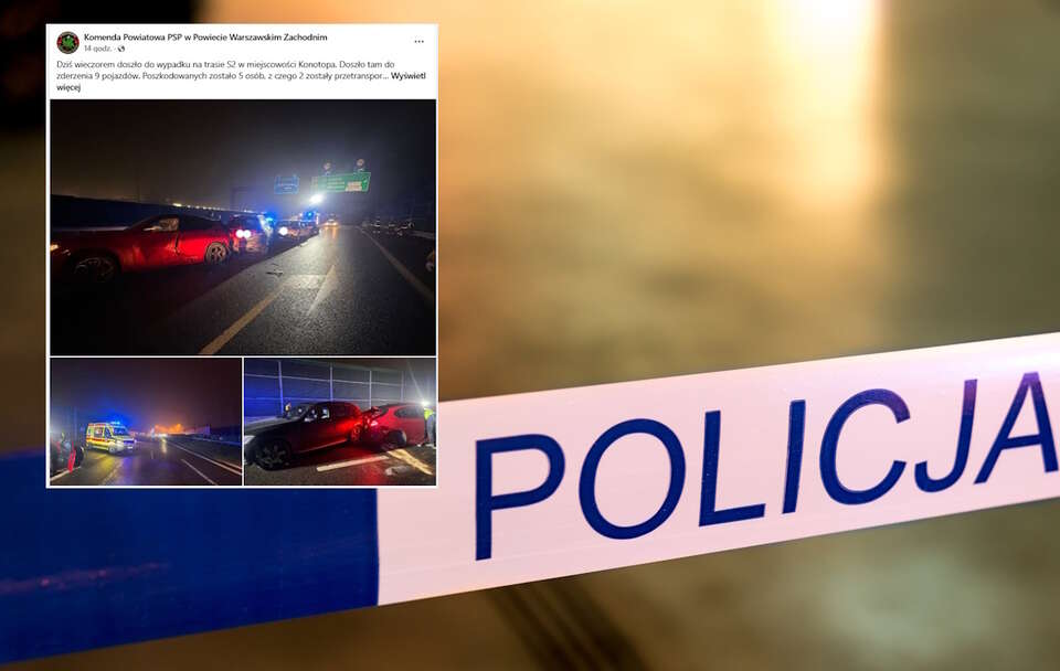 Karambol na S2 / autor: Fratria/Facebook: Komenda Powiatowa PSP w Powiecie Warszawskim Zachodnim/https://www.facebook.com/permalink.php?story_fbid=pfbid02Jm67K4hxxQTuitMESSBRWhkEcXDqmyTBAziXjnYLi5LPnWQQnHbKaPifQrZvaDWpl&id=100068960898348