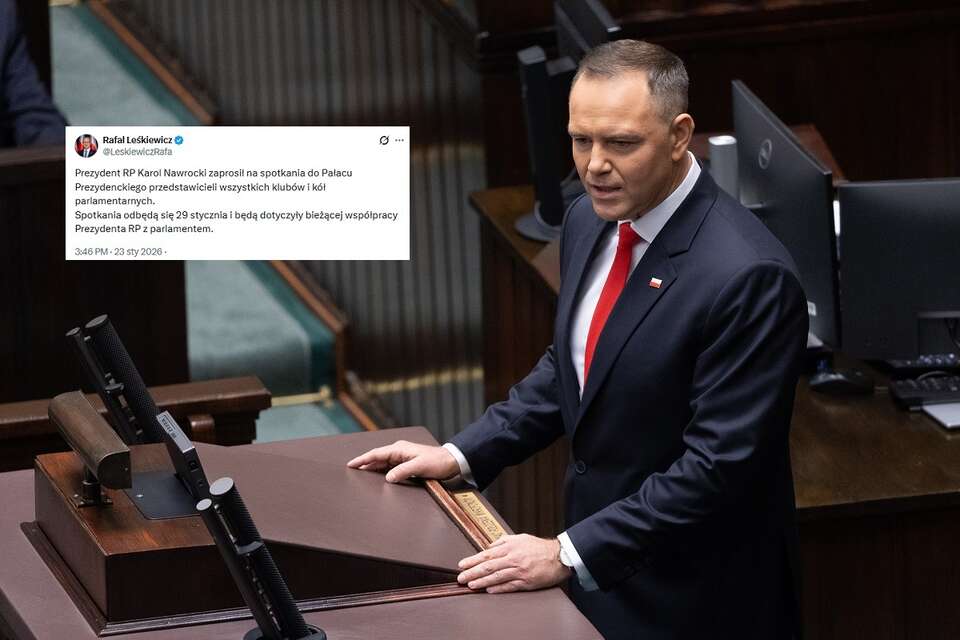 Na zdjęciu prezydent RP Karol Nawrocki w Sejmie, w miniaturze wpis rzecznika prezydenta Rafała Leśkiewicza z serwisu X / autor: Fratria/X