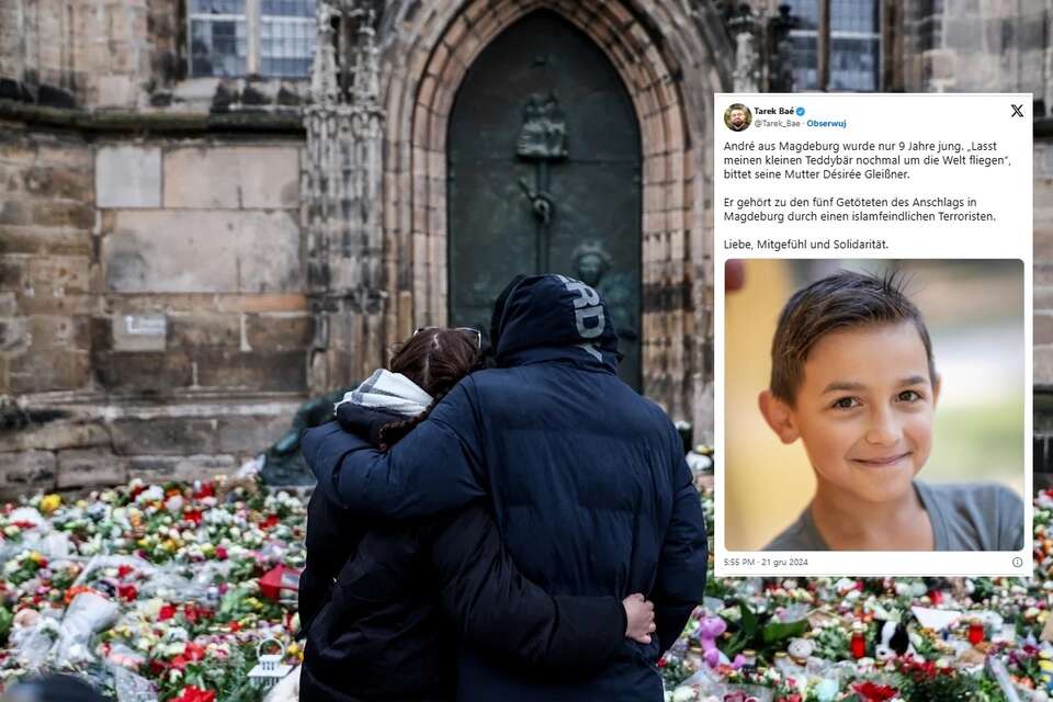 Magdeburg, w miniaturze zdjęcie jednej z ofiar - w wyniku ataku zginął 9-letni chłopiec Andre Gleissner / autor: PAP/EPA, X/Tarek Baé