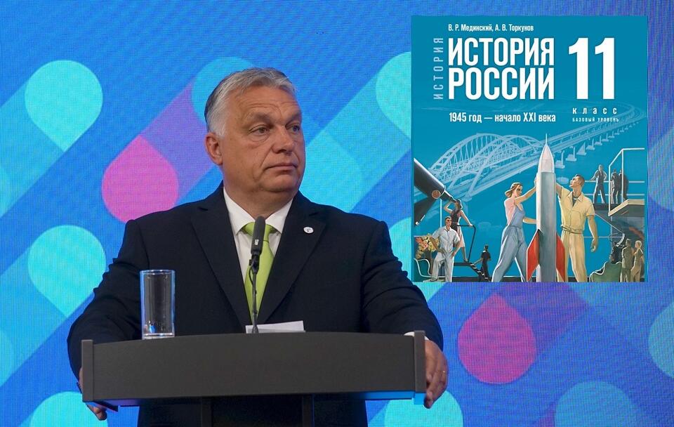 Viktor Orban i okładka rosyjskiego podręcznika / autor: Fratria/Materiały prasowe