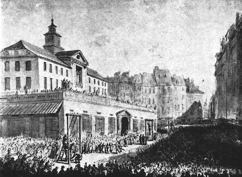 Wieszanie targowiczan na Rynku Starego Miasta w Warszawie. Rys. Jan Piotr Norblin / Wikipedia