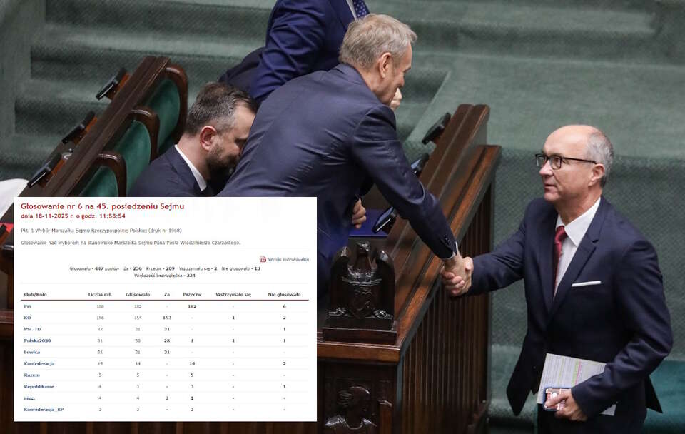 Donald Tusk gratuluje w Sejmie Włodzimierzowi Czarzastemu  / autor: PAP/Tomasz Gzell/sejm.gov