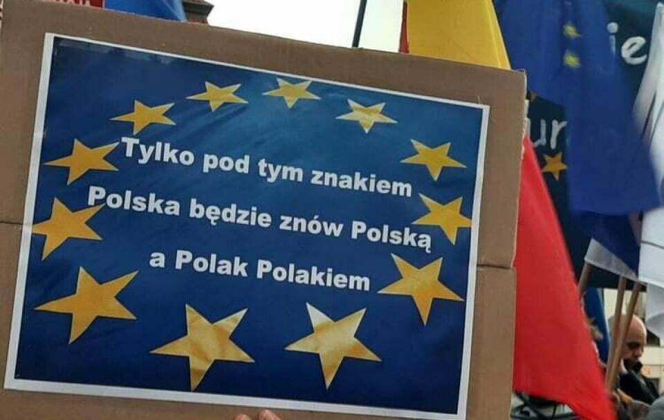 Jeden z banerów podczas manifestacji poparcia dla UE na Placu Zamkowym / autor: wPolityce.pl
