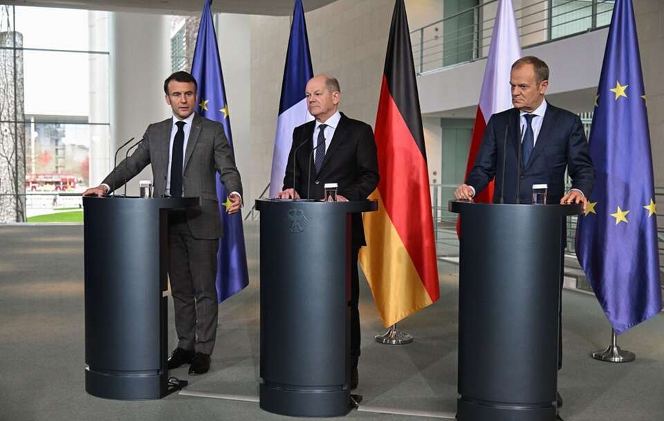 Emmanuel Macron, Olaf Scholz i Donald Tusk / autor: PAP/Radek Pietruszka