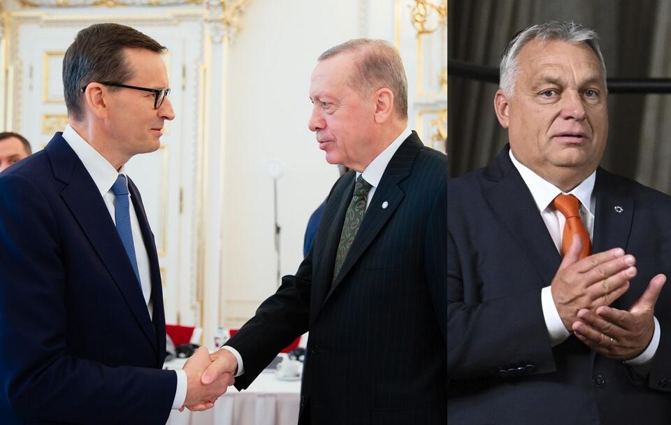 Premier Mateusz Morawiecki i prezydent Turcji Recep Tayyip Erdogan podczas rozmów w ramach spotkania Europejskiej Wspólnoty Politycznej; premier Węgier Viktor Orban / autor: PAP/Krystian Maj KPRM; PAP/EPA 