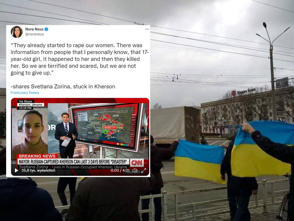 Mieszkańcy okupowanego Chersonia wyszli na ulicę z Ukraińskimi flagami / autor: screenshot Twitter Nexta