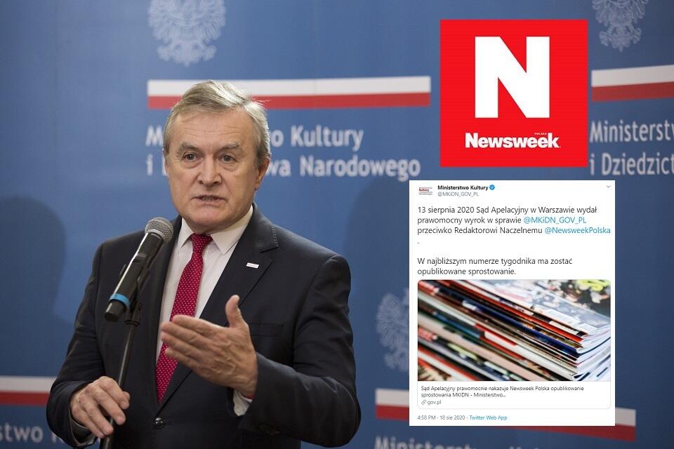 Prof. Piotr Gliński, wicepremier i minister kultury; logo tygodnika Newsweek (zdjęcie ilustracyjne) / autor: Fratria; Facebook/Newsweek Polska; Twitter/Ministerstwo Kultury