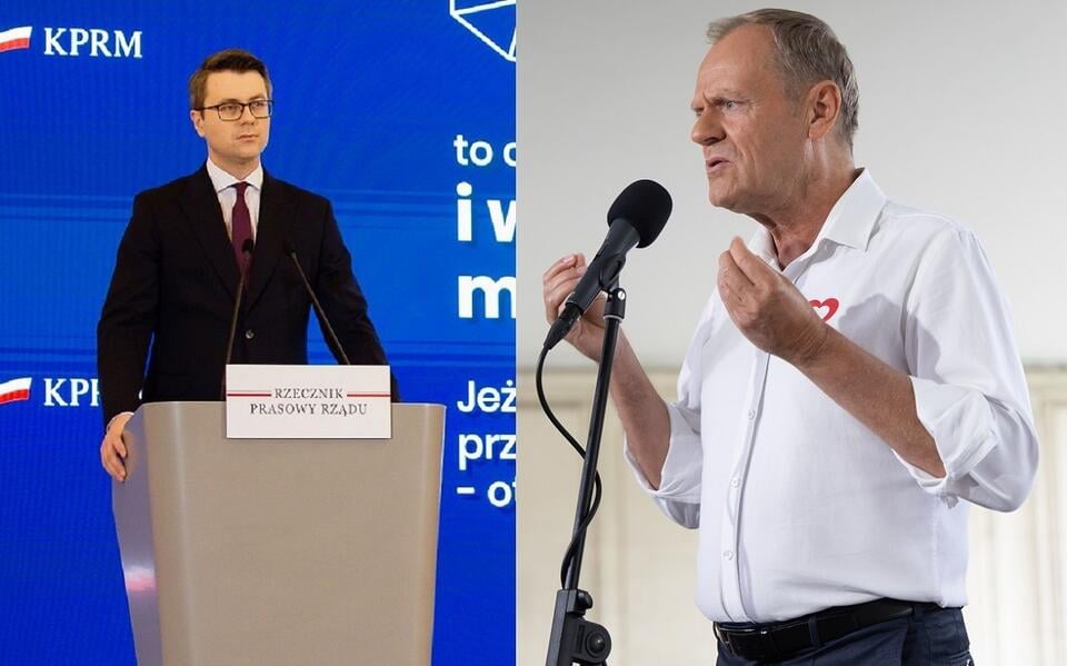 Rzecznik rządu Piotr Müller/Przewodniczący PO Donald Tusk / autor: Krystian Maj/KPRM/Fratria