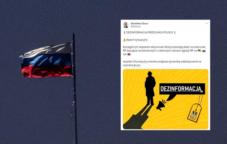 W tle rosyjska flaga; wpis S. Żaryna na Twitterze / autor: Fratria/Twitter