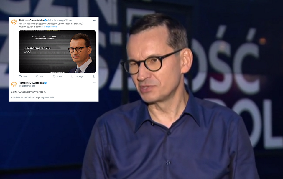 Premier Mateusz Morawiecki w rozmowie z reporterem Polsat News; w miniaturze wpis PO ze spotem, w którym lektora wygenerowano za pomocą AI / autor: Polsat News; Twitter (platforma X)