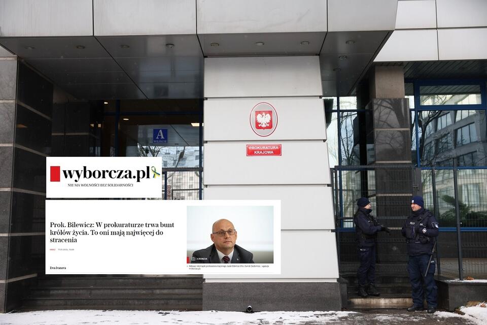 W tle policja przed siedzibą Prokuratury Krajowej w Warszawie / autor: PAP/Leszek Szymański; wyborcza.pl