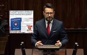 Na zdjęciu poseł PiS Radosław Fogiel na mównicy w Sejmie oraz artykuł portalu wPolityce (screen) / autor: Fratria/wPolityce