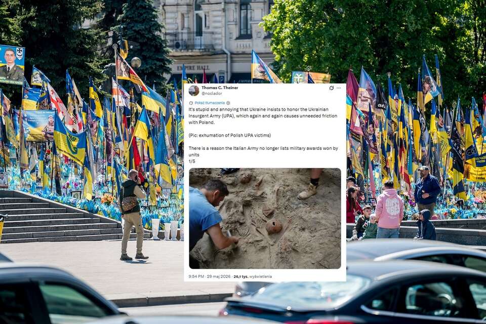 W tle flagi w Kijowie upamiętniające żołnierzy poległych w wojnie z Rosją / autor: Fratria, X/Thomas C. Theiner