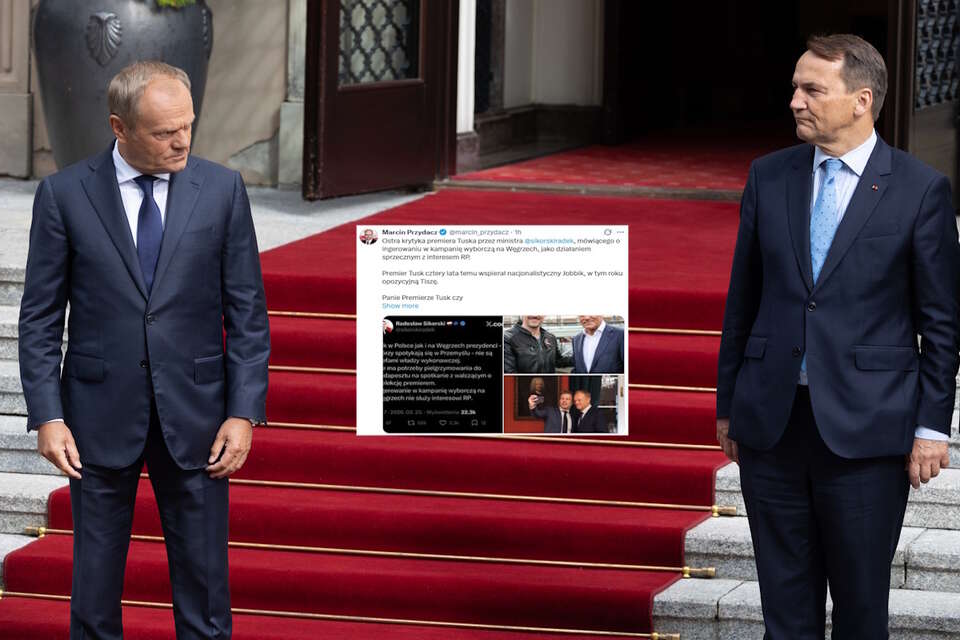 Na zdjęciu Donald Tusk, Radosław Sikorski oraz wpis Marcina Przydacza (screen z X) / autor: Fratria/X-Marcin Przydacz (screen)