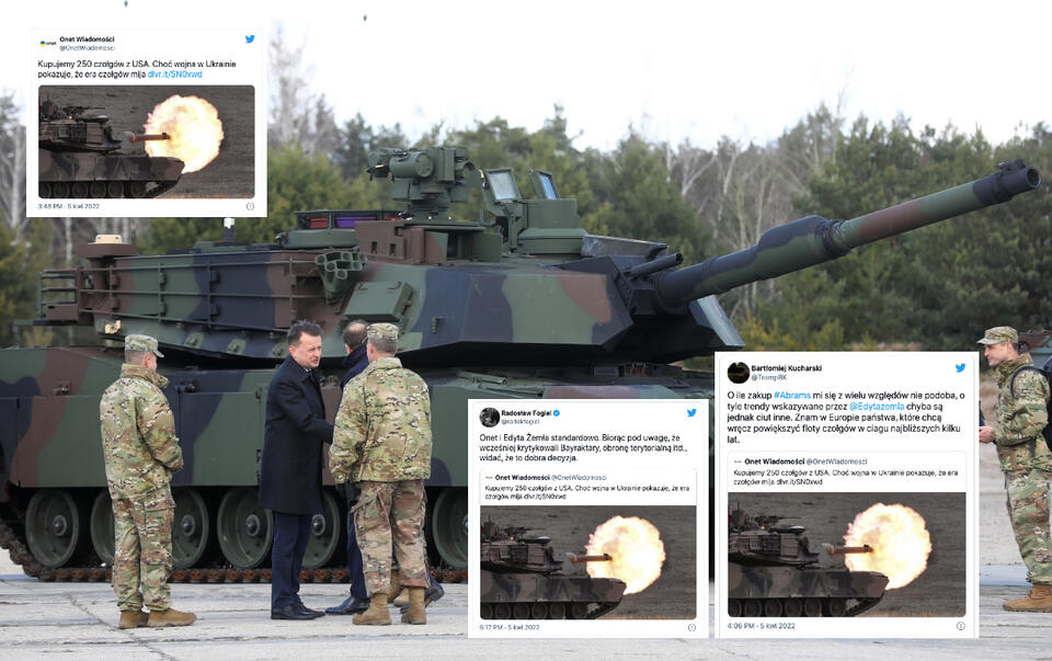 Minister obrony narodowej RP Mariusz Błaszczak (2L) podczas uroczystości podpisania umowy na zakup 250 czołgów Abrams dla Wojska Polskiego. / autor:  PAP/Rafał Guz/Twitter