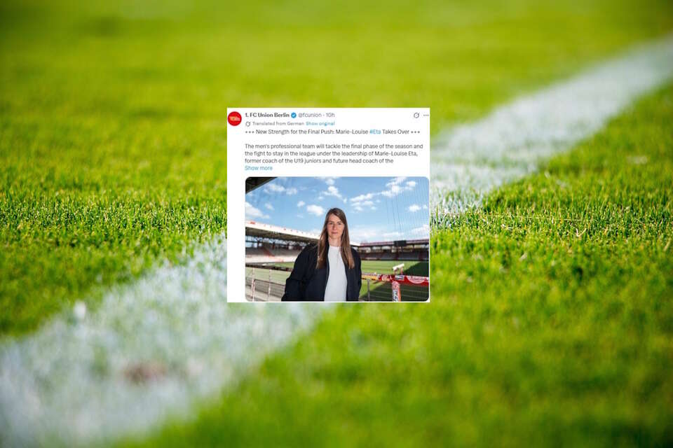 Na zdjęciu fragment boiska piłkarskiego oraz wpis FC Unionu Berlin (screen z X) / autor: pixabay.com/X-FC Union Berlin (screen) 