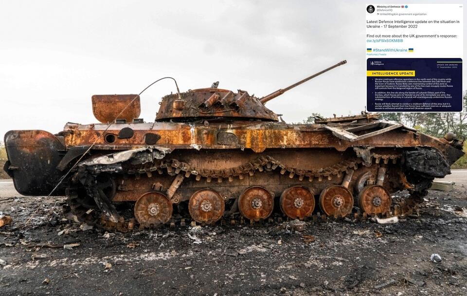 Zniszczony rosyjski bojowy wóz piechoty (BMP); Wpis brytyjskiego resortu obrony / autor: PAP/Mykola Kalyeniak; Twitter/Ministry of Defence (screenshot)