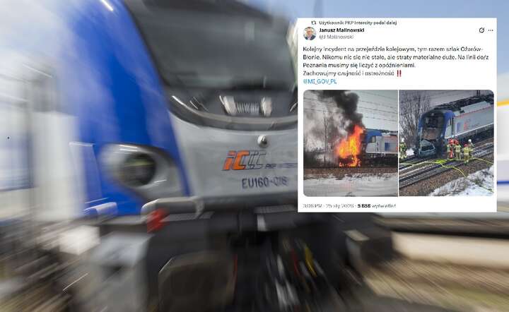 Jednak lokomotywa spalona, druga uszkodzona, zniszczone auto - to skutki wypadku w Błoniu / autor: Fratria /AS / @PKPIntercityPDP