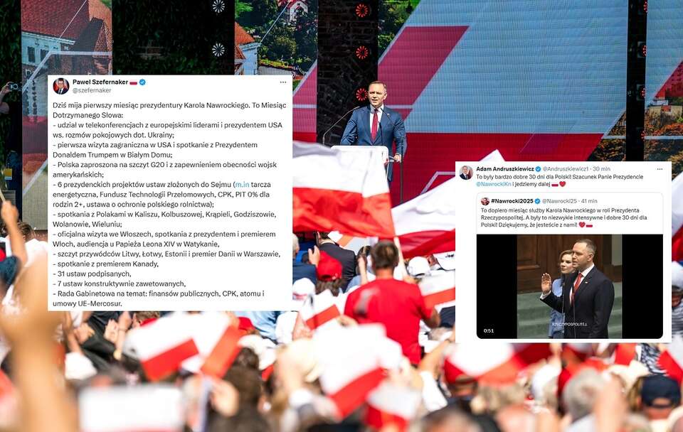 W tle Karol Nawrocki w Pułtusku, po zwycięstwie w wyborach prezydenckich / autor: Fratria/X