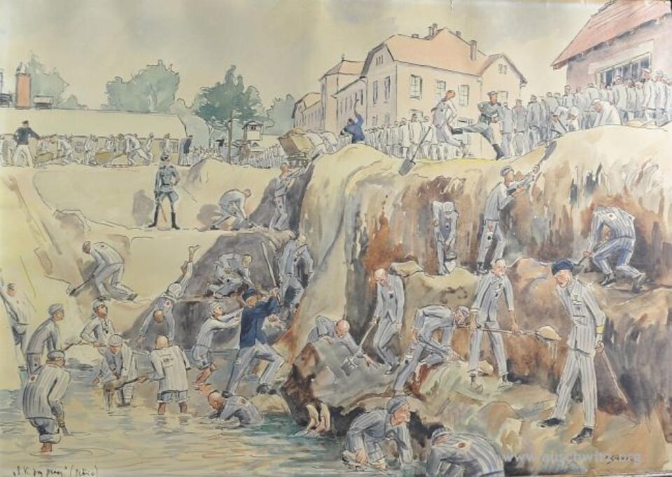 „SK przy pracy”, szkic wykonany w 1950 r. przez Władysława Siwka więźnia Auschwitz. (Dar Izabeli Kuli), www.auschwitz.org