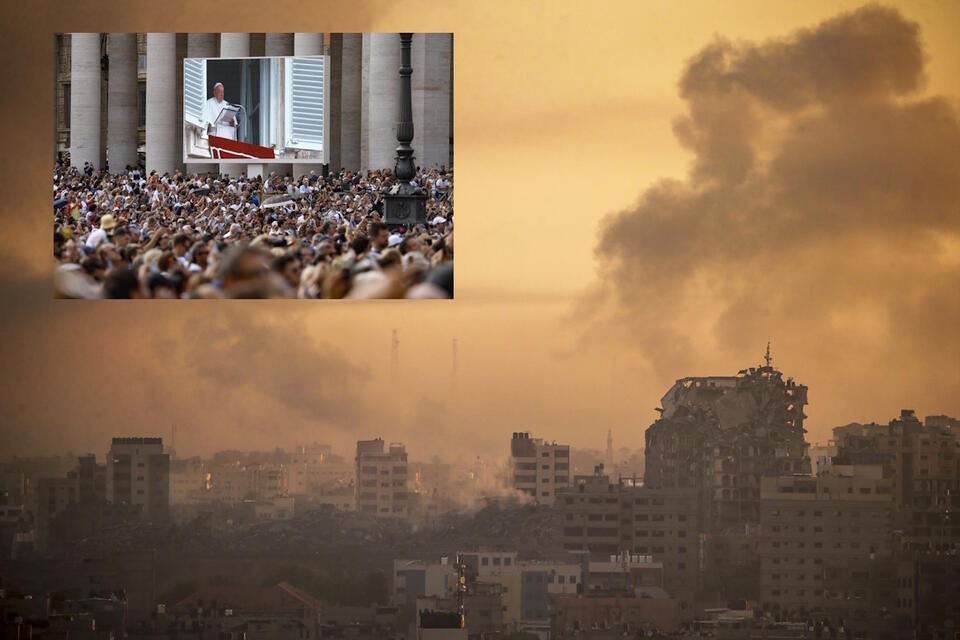 Dym unosi się po izraelskich nalotach na północną Strefę Gazy / modlitwa na "Anioł Pański" na pl. św. Piotra w Watykanie / autor: PAP/EPA/MOHAMMED SABER / PAP/EPA/FABIO FRUSTACI
