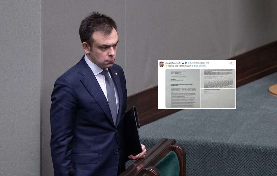 Na zdjęciu minister finansów Andrzej Domański na sali plenarnej w Sejmie oraz wpis posła Janusza Kowalskiego (screen z X) / autor: Fratria/X-Janusz Kowalski (screen)