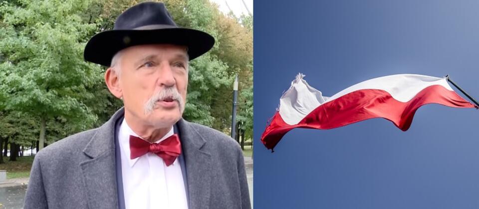 Janusz Korwin-Mikke,  polska flaga / autor: wPolsce.pl; Pixabay