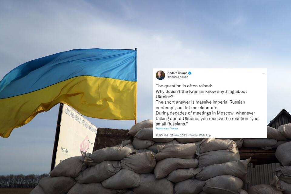 Ukraińska flaga na barykadzie / autor: PAP/EPA; Twitter/Anders Åslund