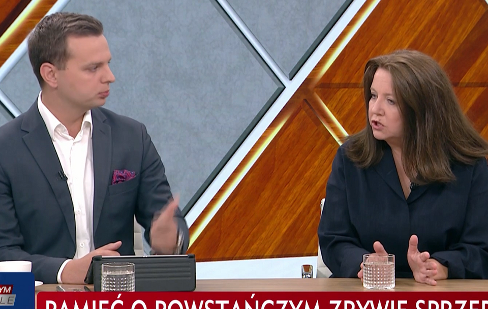 Jakub Kulesza (Konfederacja) i Joanna Lichocka (PiS) w programie Woronicza17 / autor: Screen/TVP Info