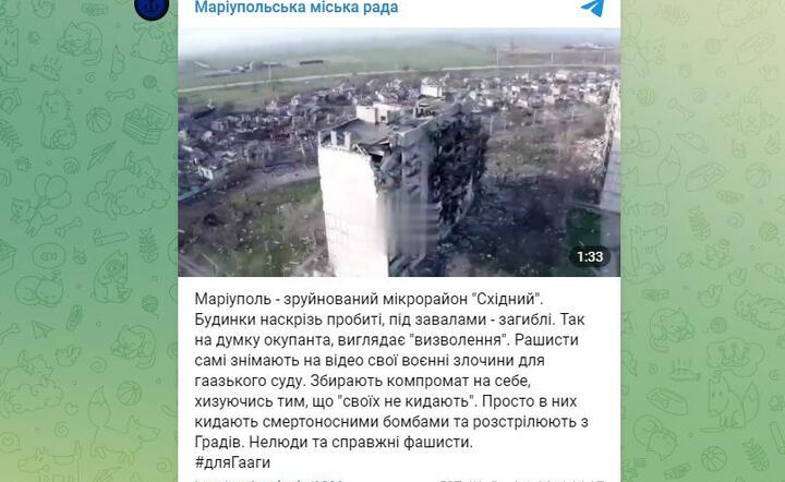 Kadr z opublikowanego przez ukraińską administrację w serwisie Telegram, nagrania ze zniszczonego miastaa / autor: Telgram