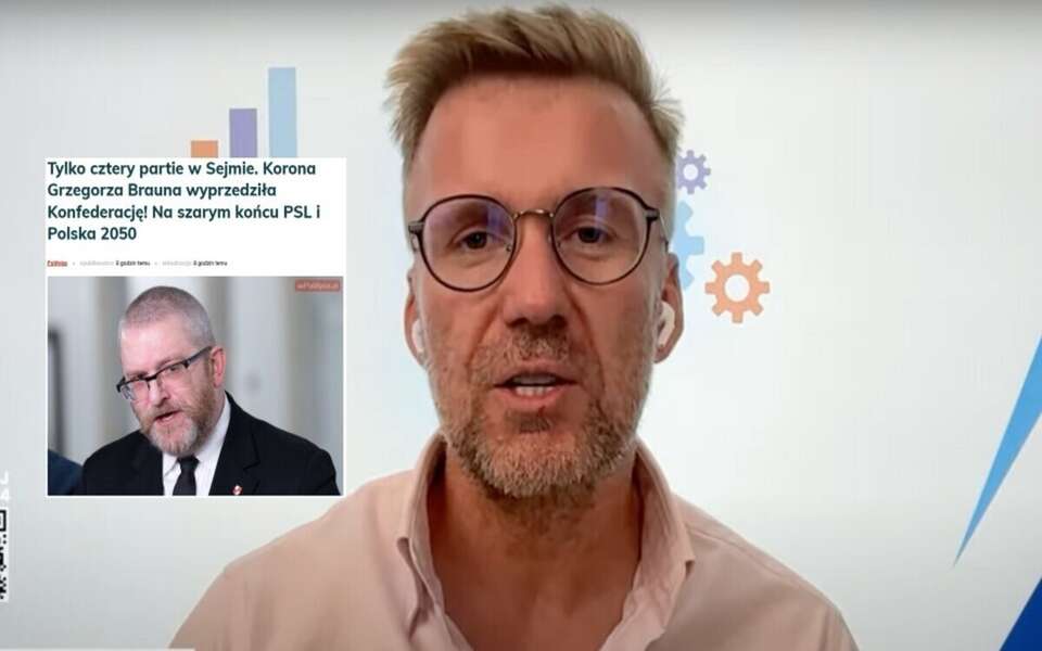 Szef OGB Łukasz Pawłowski ocenia najnowszy sondaż OGB. Na zdjęciu szef OGB Pawłowski i artykuł portalu wPolityce (screen) / autor: Telewizja wPolsce24/wPolityce (screen)