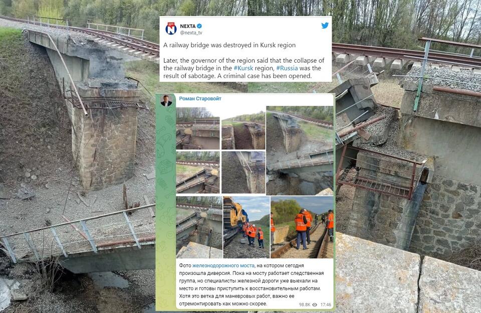 Zniszczony most kolejowy niedaleko rosyjskiego Kurska / autor: Twitter/NEXTA/Telegram/Роман Старовойт