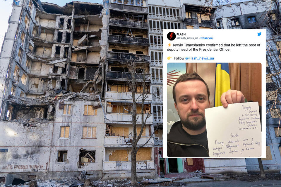 Zniszczony budynek po rosyjskim ataku w najbardziej ostrzeliwanej dzielnicy mieszkalnej zwanej Severnaya Saltivka w Charkowie. / autor: PAP/Mykola Kalyeniak/Twitter